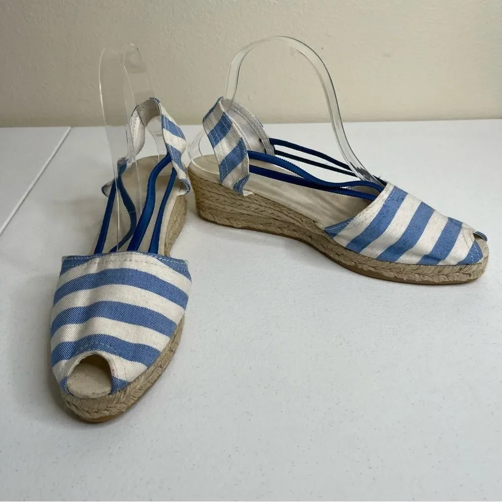 Chicos Jessa Blue White Striped Espadrille Wedge Open Toe Sandal Women Size 11